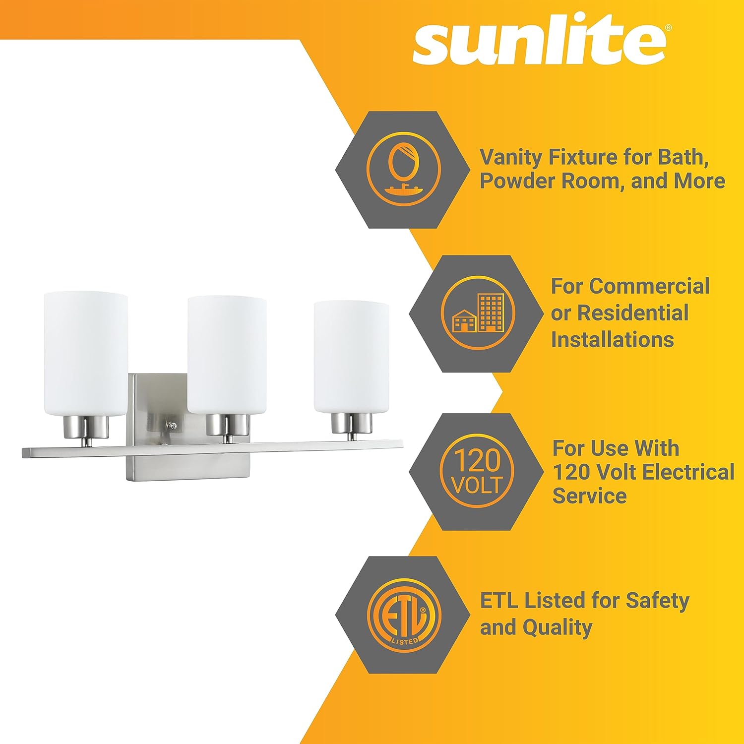 Sunlite 81321-SU 22" Modern Cylinder Vanity Light Fixture, Wall Mount, Medium (E26) Socket, Standard A19 Bulb Required (60W Max), Frosted Glass Shade, ETL Listed, Brushed Nickel Base 3-Lights