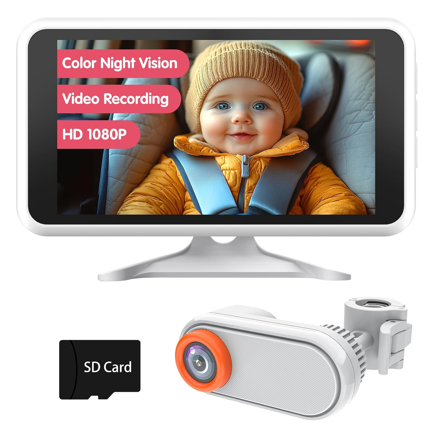 LUCKVIEW Baby Car Camera with Night Vision, HD 1080P Car Camera for Baby Video Recording with TF Card Car Baby Camera 3X Zoom 360° Rotation for Rear Facing Seat White