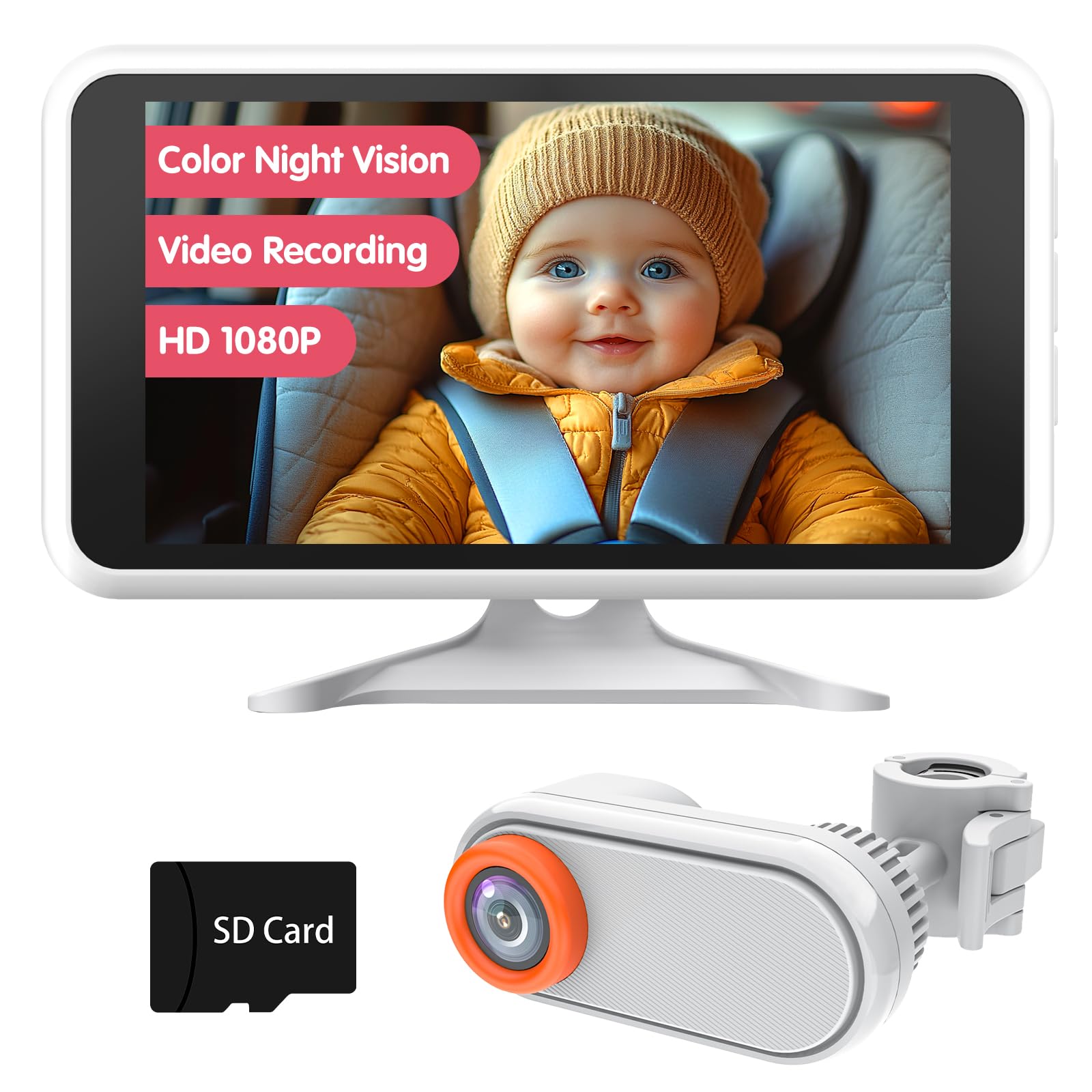 LUCKVIEW Baby Car Camera with Night Vision, HD 1080P Car Camera for Baby Video Recording with TF Card Car Baby Camera 3X Zoom 360° Rotation for Rear