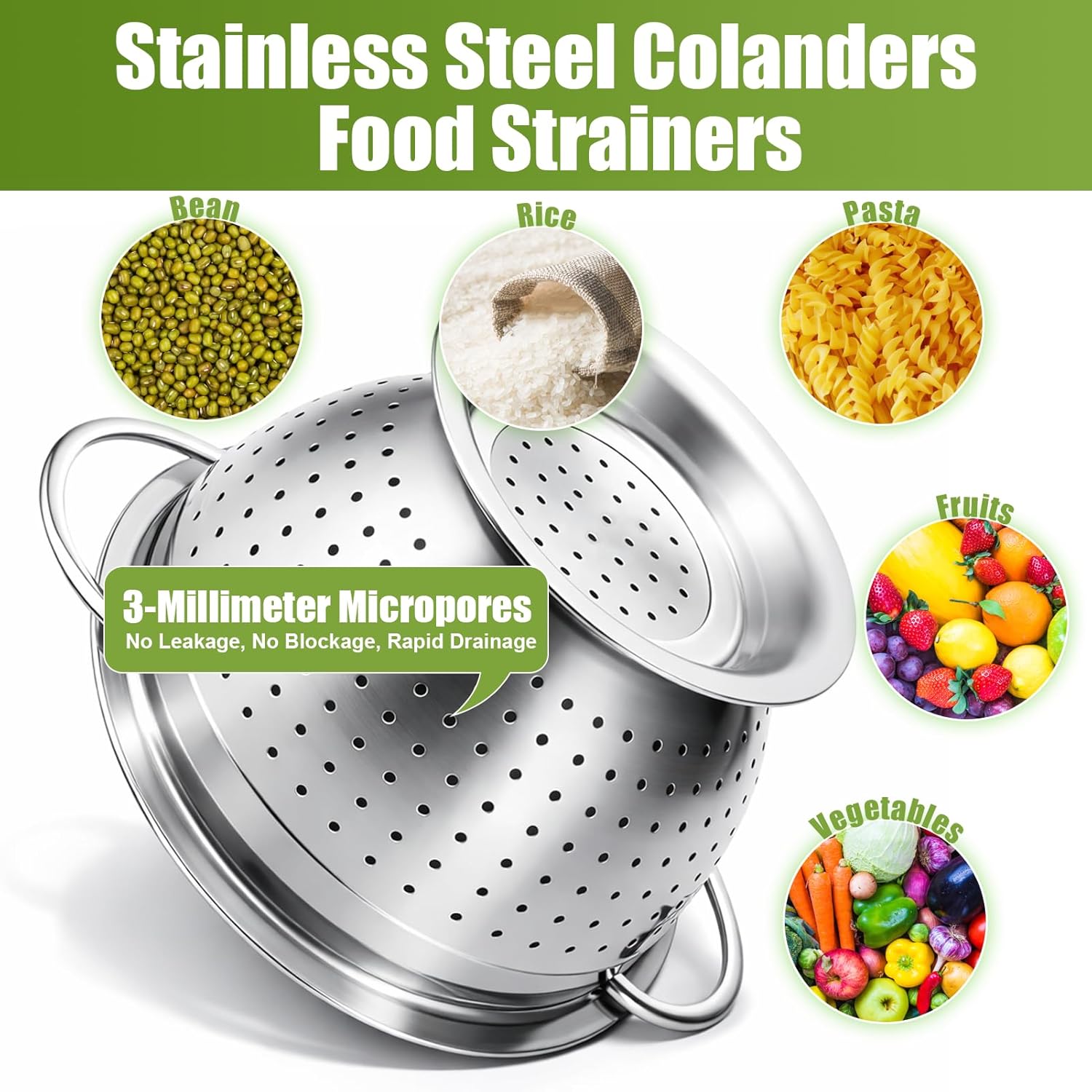 Palksky Stainless Steel Colander Set with Self-Draining Base (3 Sizes Colander Set with Handles & Self-Draining Base)