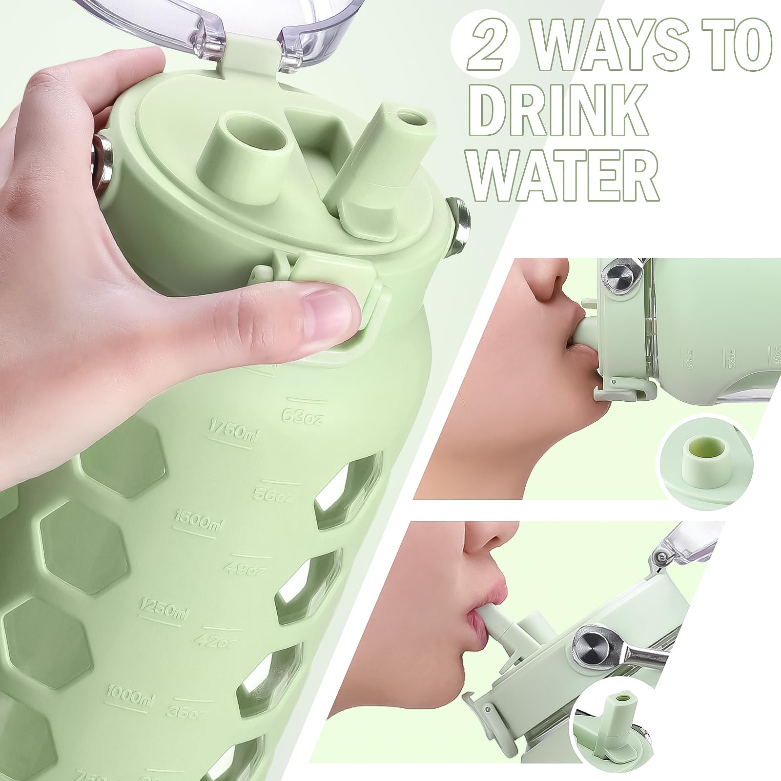 MUKOKO Borraccia in vetro da 60 once con cannuccia e coperchio, bottiglia d'acqua da mezzo gallone con indicatore del tempo, grande brocca d'acqua in vetro con custodia in silicone e manico in acciaio