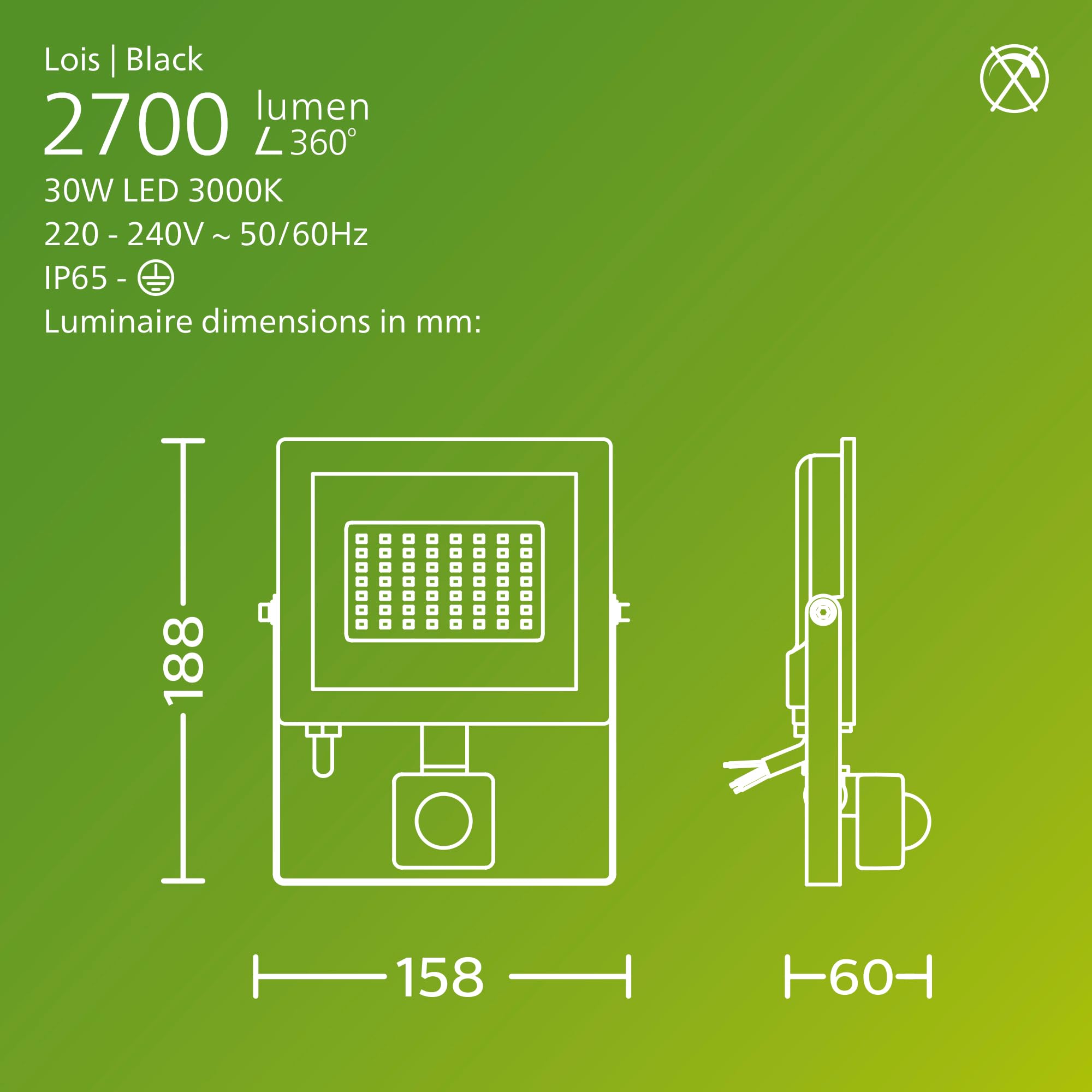 PHILIPS Lois Outdoor Floodlight with Sensor, 30 W, 3000 K, Black, White Light, 30W - Image 2