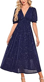 Womens Sparkly V Neck Midi Dress Shprt Sleeve Sequin Glittery Party Dres...