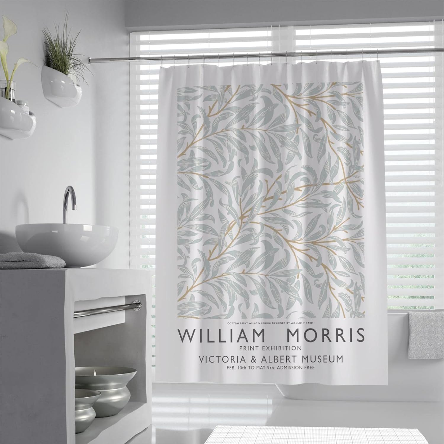 Fall Farmhouse Shower Curtains for Bathroom, Light Green Leave Bath Curtain Set, William Morris Fabric Restroom Decor 12 Hooks Included 54W x 78L(in)