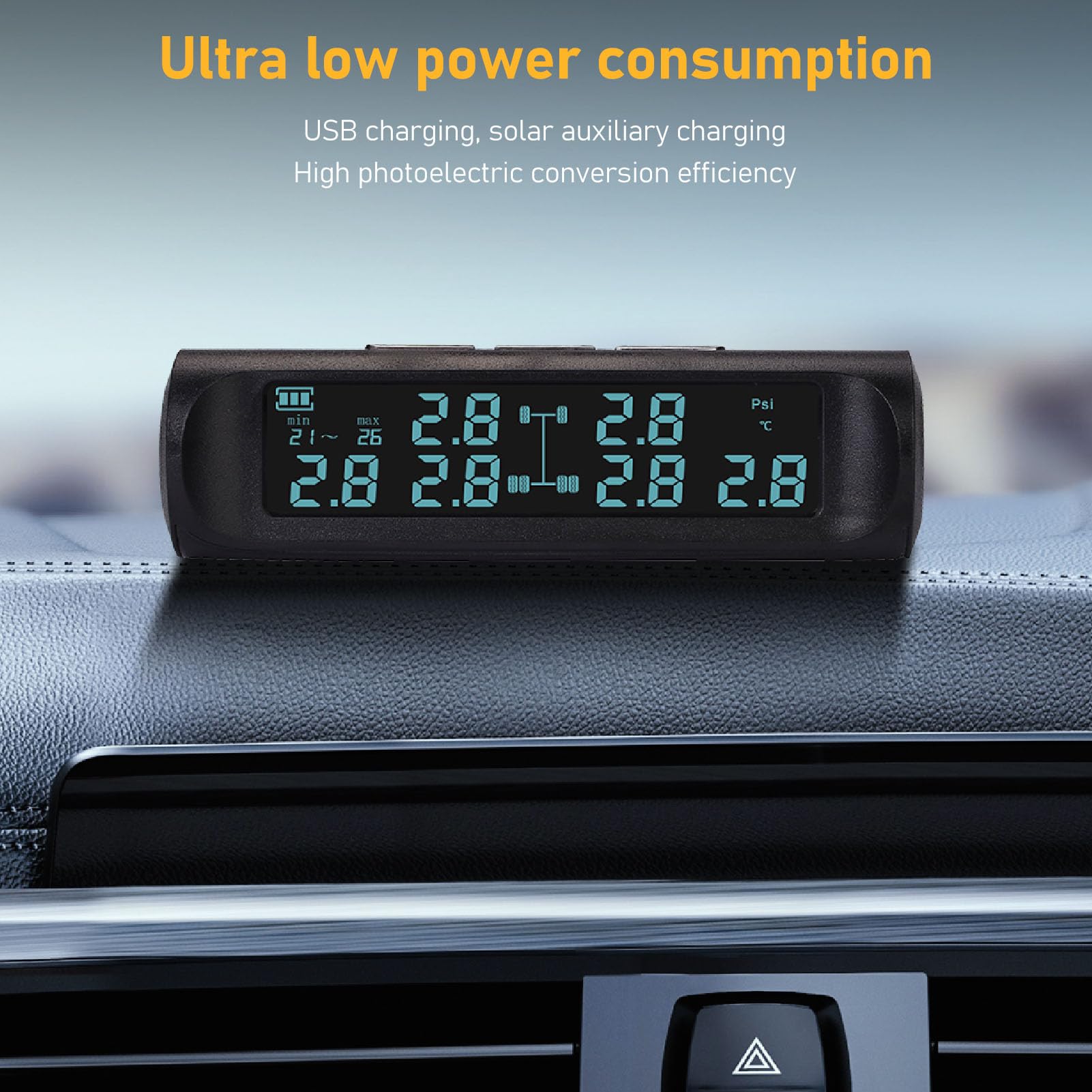 Reifendruck-Kontrollsystem, LCD-Display Solar-Reifendrucküberwachung TPMS mit 6 externen Sensoren, Solar- und USB-Ladegerät, kabellose Solarstrom TPMS für Wohnmobil, Wohnwagen