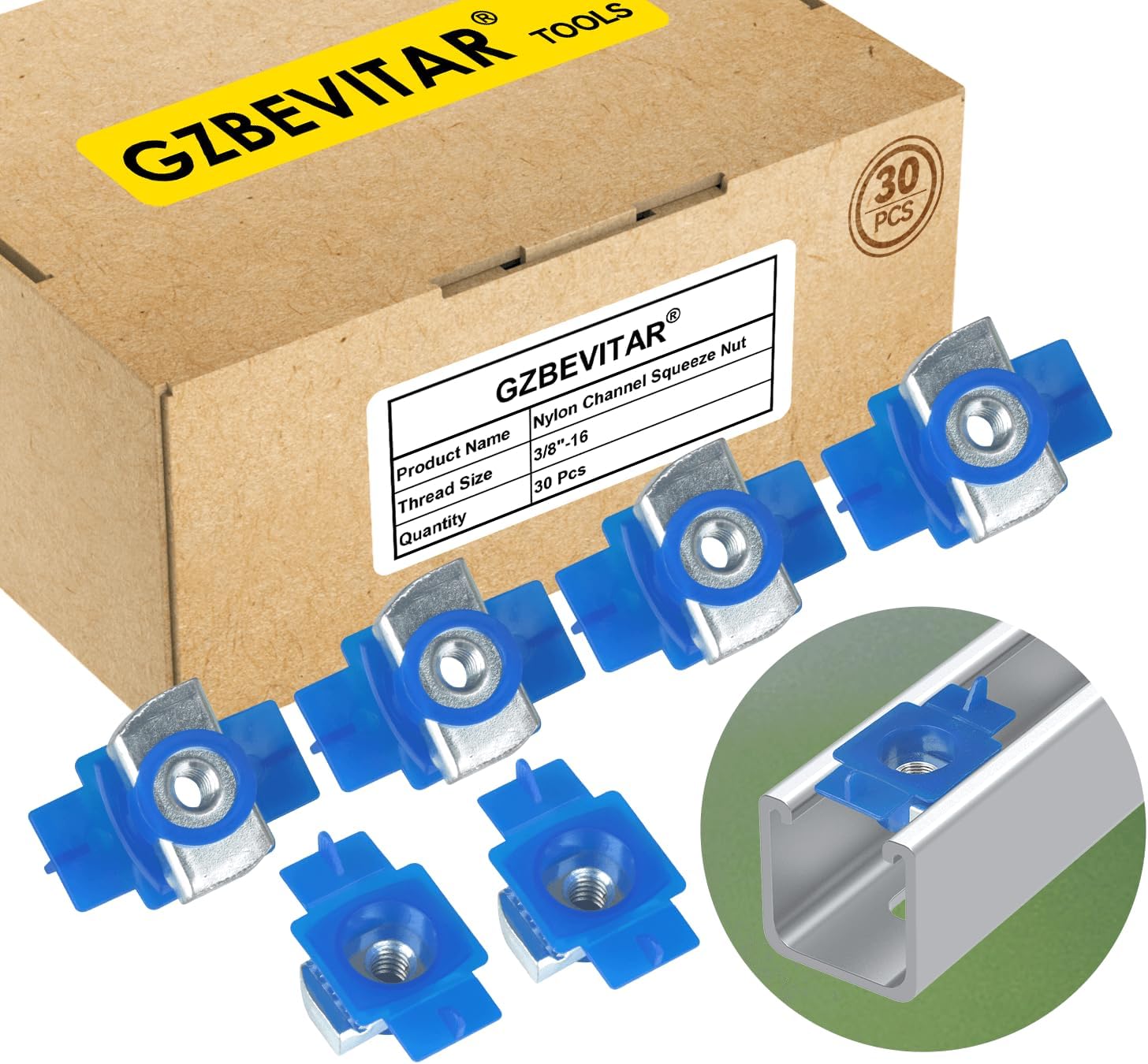 Nylon Channel Squeeze Nut, 8mm Thickened 3/8"-16 Strut Channel Cone Nuts - 30 Pcs, Easy Positioning for American Channel Support Systems, Solar Panels Mounting (30 Pcs)