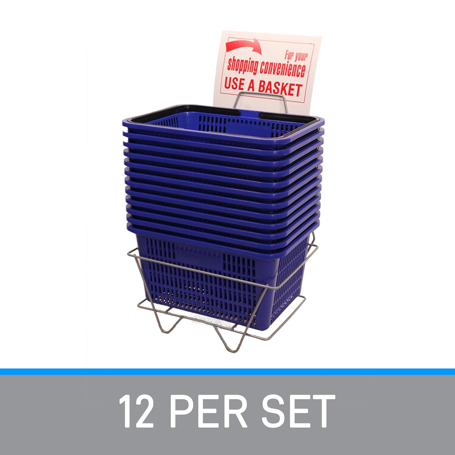 SSWBasics Blue Shopping Basket with Stand, Set of 12, 8-1/2"H x 12"W x 17"L - Ideal Grocery Baskets for Retail Environments