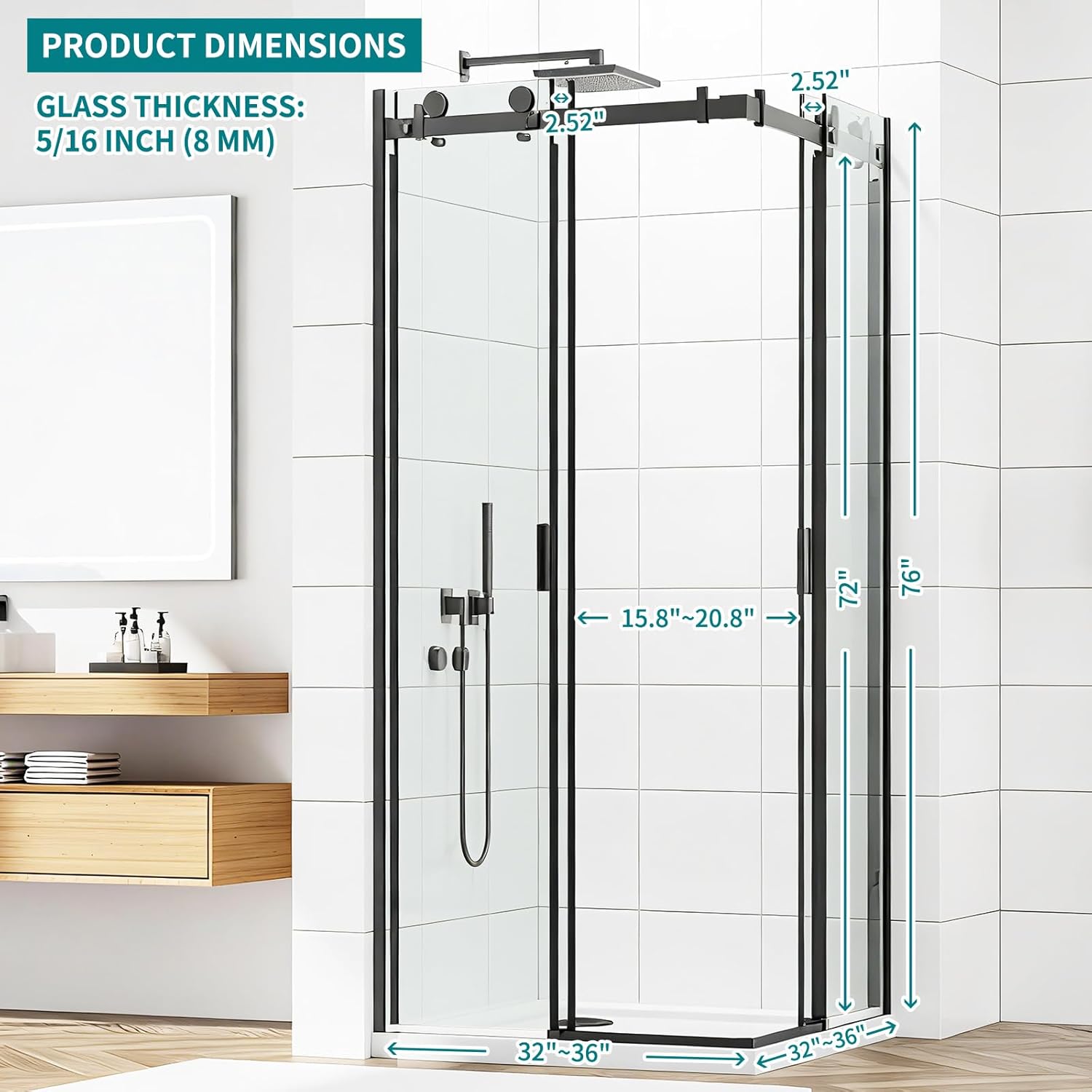 Corner Shower Enclosure 32"~36" D X 32"~36" W X 76" H, 5/16" Tempered Glass Double Sliding Shower Door, Nano Coating Shower Stall for Walk in Shower, Matte Black Shower Enclosure