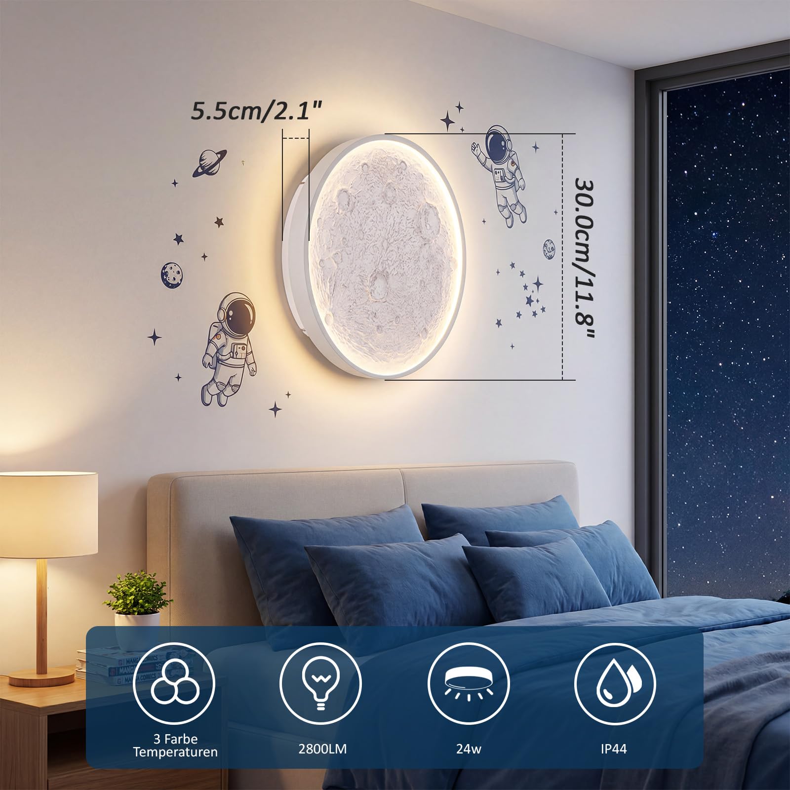 Mondlicht Deckenlampe LED Ø30cm 24W Weiß, Deckenleuchte Wohnzimmer mit 3 Farbtemperaturen (3000K/4000K/6500K), Lampe Wohnzimmer 2800LM IP44 Wasserdicht Badezimmer Lampe, für Schlafzimmer Flur Küche