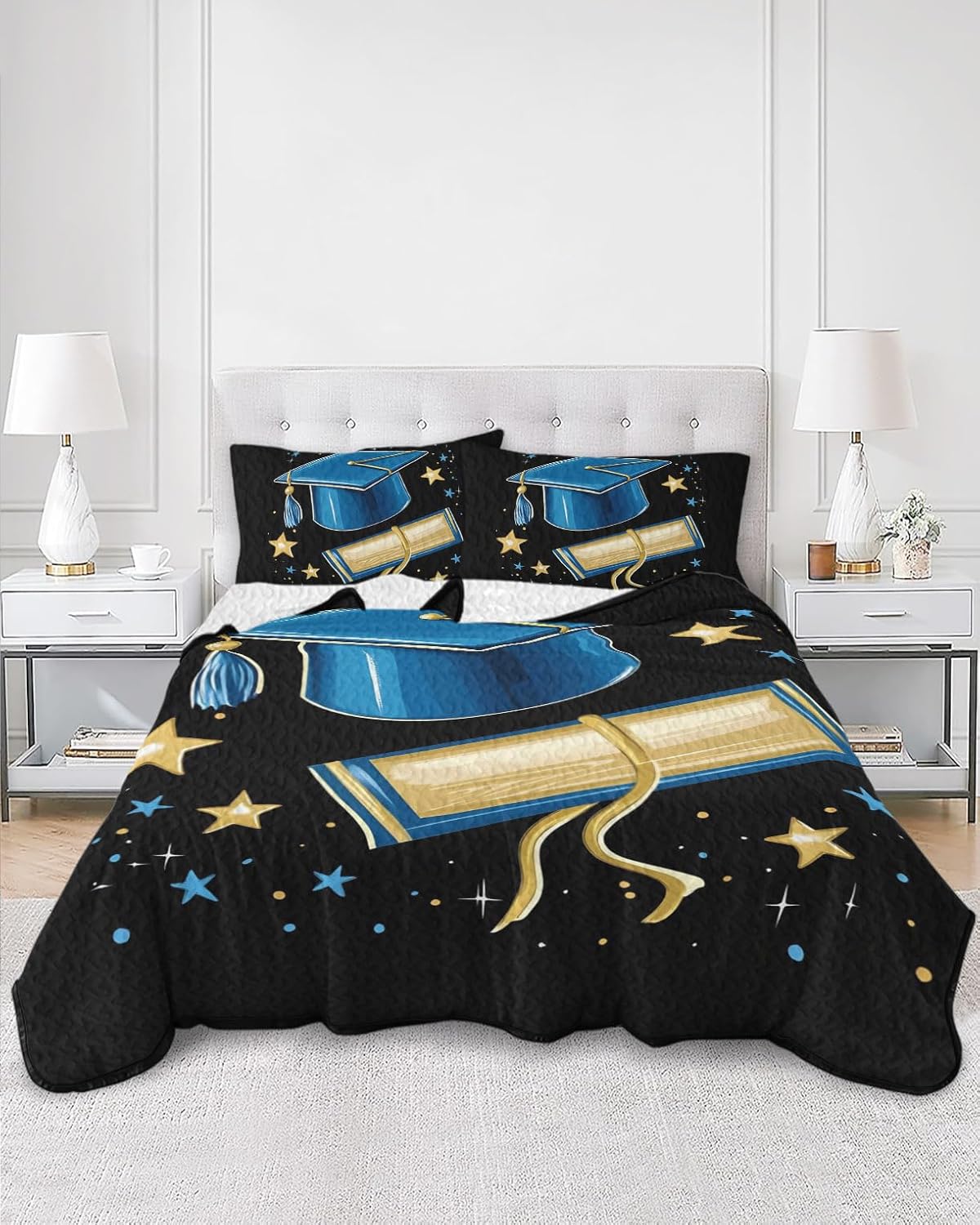 King Size Quilt Set, Blue Graduation Cap Diploma Lightweight Bedspread Coverlet Set Soft Microfiber Summer Quilt with 2 Pillow Shams, Gold Stars 3 Piece Comforter Bedding Set