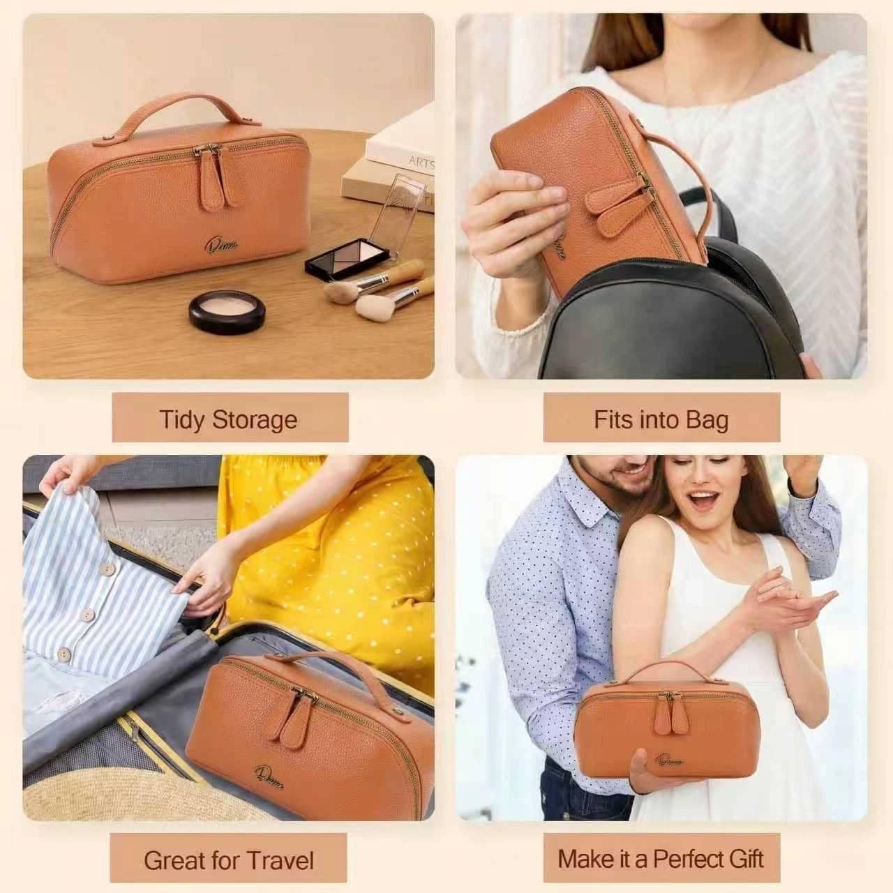 Travel Makeup Bag Organizer Cosmetic Bag Make up Bags for Women with Handle - Waterproof Vegan Leather Toiletry Bags Travel Essentials Pouch with Compartments (brown, Medium)