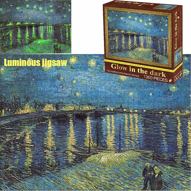 TINYOUTH 1000 Pieces Puzzle for Adults, Starry Night Over the RhoneMuseum Collection Jigsaw, 70x50CM 2mm Luminous Puzzle Famous Painting, Stress Reliever Staycation Kill time for Adults Kids 14+