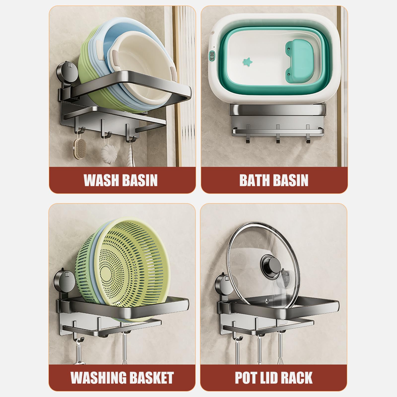 PMFACE Double Layer Folding Storage Rack Suction Cup Mounted Wall Mounted Folding Shelf Simple to Use for Bathroom & Kitchen Use