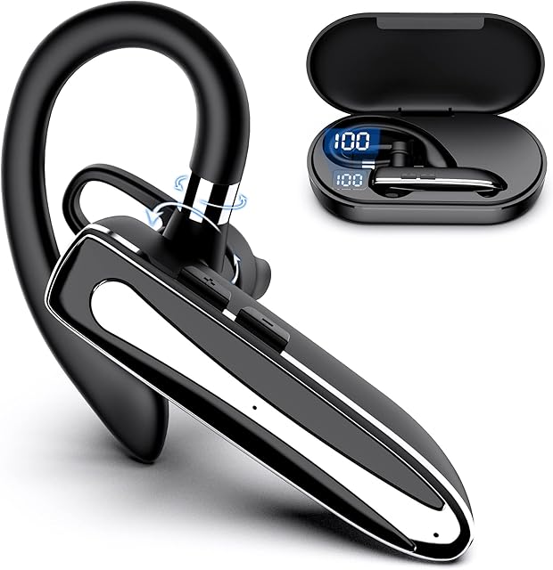 EUQQ Bluetooth Headset V5.1, Wireless Headset with Battery Display Charging Case, Bluetooth Earpiece with Noise Canceling Mic for Driving, Office and Business,Compatible with iOS and Android