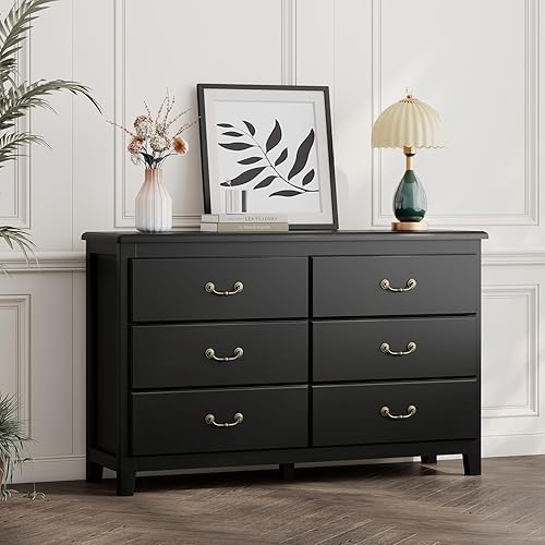 Cómoda negra para dormitorio, cómoda moderna de 6 cajones para habitación de los niños, cómoda ancha con tiradores dorados