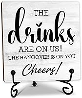 YIJIAQIN 5 Inch 'The Drinks Are On Us! Cheers!' Wooden Bar Sign Plaque with Stand - Retro Home Bar Desk Table Decor