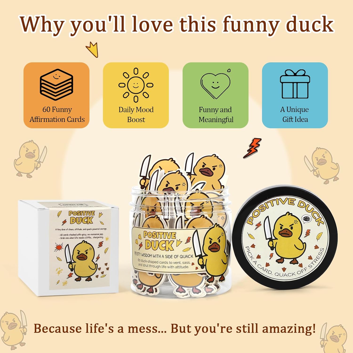 Positive Duck Affirmation Jar – 60 Funny Motivational Cards with Sarcastic Humor for Daily Smiles, Adorable Gift for Women Men, Funny Duck Gifts for Office Stress Relief & Daily Motivation - Image 5