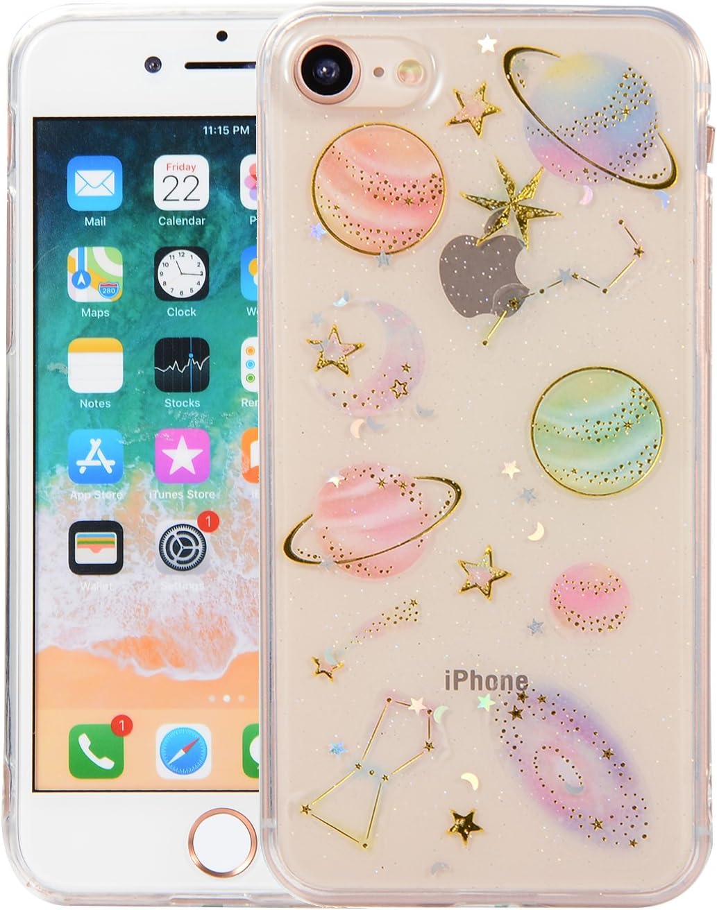 CMEKA Slim Fit iPhone 8 Case Bling Glitter Sparkle Space Planet Stars Moon Embedded Slippy Ultra Thin Flexible Soft TPU Protecive Phone Case Cover Compatible with Apple iPhone 7/8 (Clear)