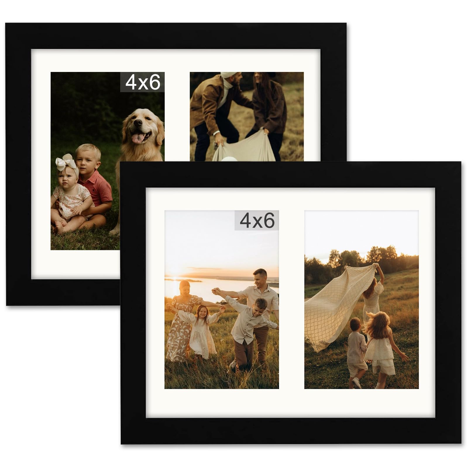 2PCS Double Photo Frame, Black 6x4 Photo Frame with White 2-Aperture for Image Size 6x4-Inch, Wall and Tabletop Display, Ideal for Home Office Living Room Décor