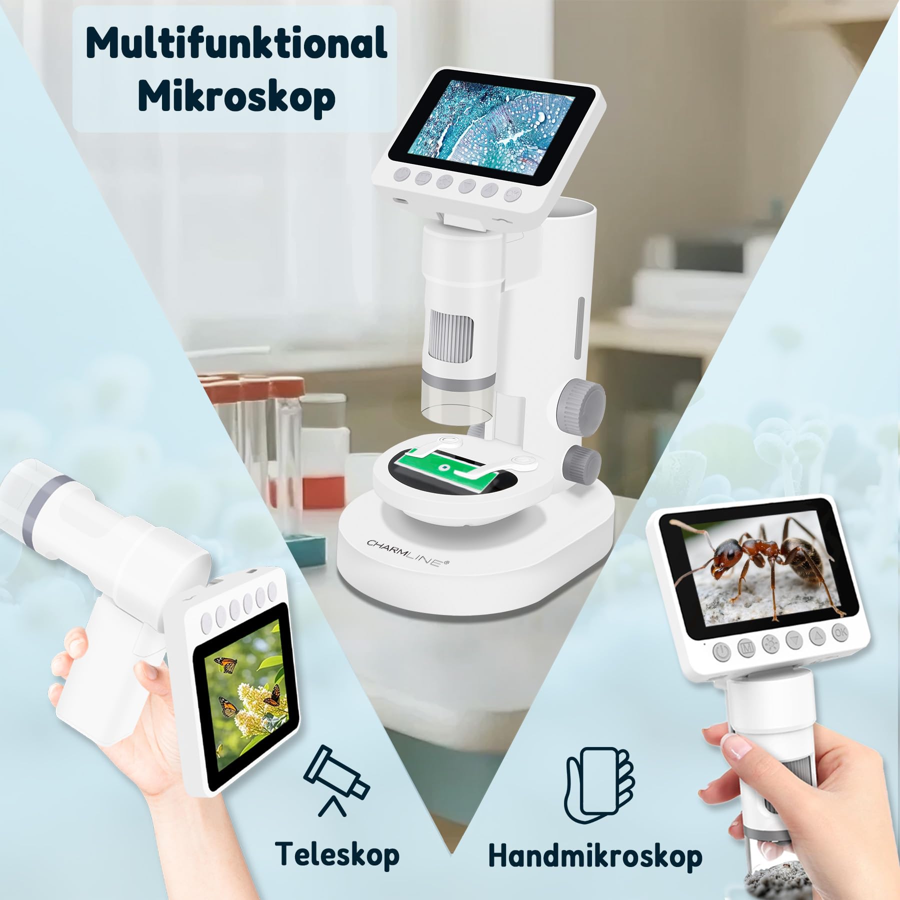 Charmline 3-in-1 Digital Kinder Mikroskop, Geschenk für Kinder ab 6 Jahren, als Handheld oder stationär nutzbar, Indoor & Outdoor Naturbeobachtung, 1000X, inkl. 32GB SD-Karte