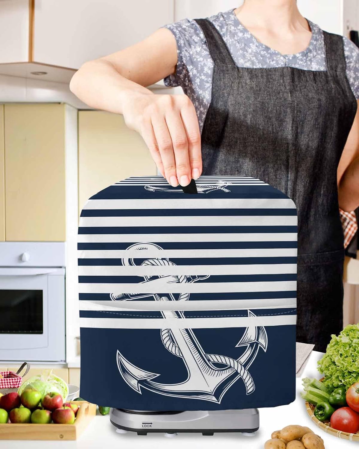 Navy Blue Anchor Stand Mixer Cover with Storage Pocket, Waterproof Kitchen Mixer Covers, Nautical Coastal Abstract Art Kitchen Appliance Dust Cover Compatible with 5-8 Quart Mixers