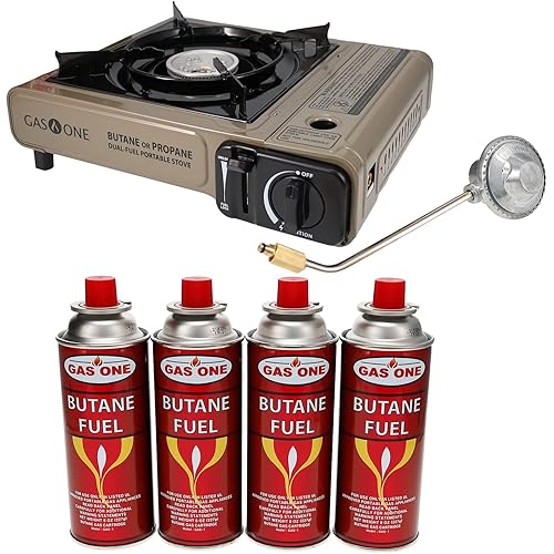 Gas One Propane or Butane Stove GS-3400P Dual Fuel Portable Camping and Backpacking Gas Stove Burner with Carrying Case Great for Emergency Preparedness Kit (Gold) (Stove + 4 Butane Fuel)