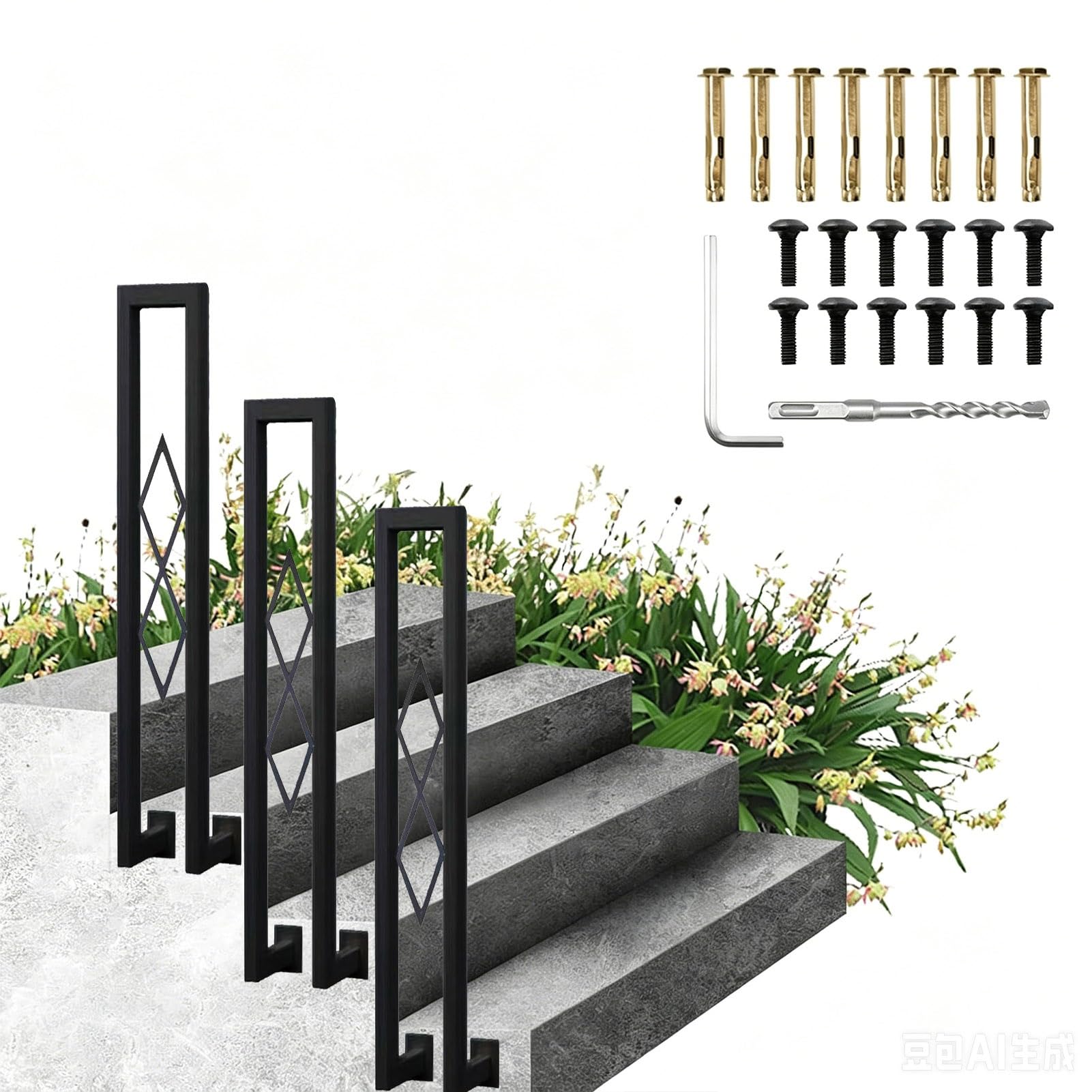 Side Mount Stair Railing Handrail for Outdoor Concrete Steps Wrought Iron Hand Rail Stairs Porch Deck Handrail Picket Fits 1 Steps Grab Rails, Black(A,95cm(2.1ft))