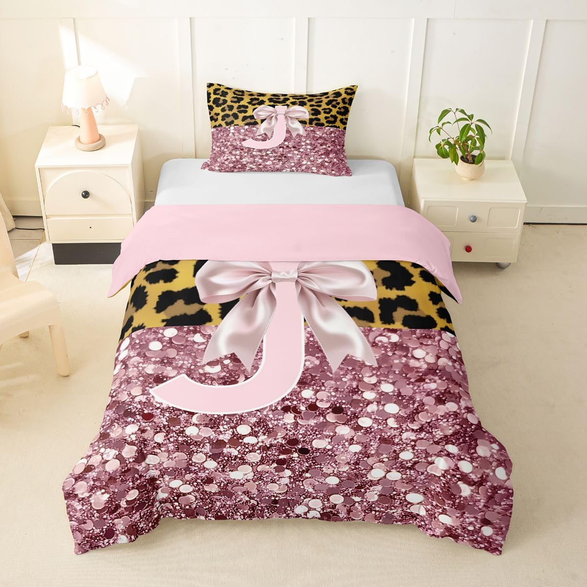 jejeloiu Pink Glitter Bow Duvet Cover Toddler Size Initial Letter J Bedding Set for Boys Girls Leopard Bowknot Comforter Cover Bedroom Decor 2Pcs No Comforter Zipper Closure with 1 Pillowcase