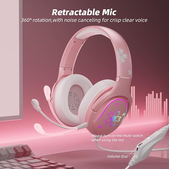 Mytrix Cherry Blossoms Wired Gaming Headset, 360 Rotation Mic, Soft Earmuff Gaming Headphones for PS4, PS5, PC & MAC, Switch, RGB Gradient Light Effect