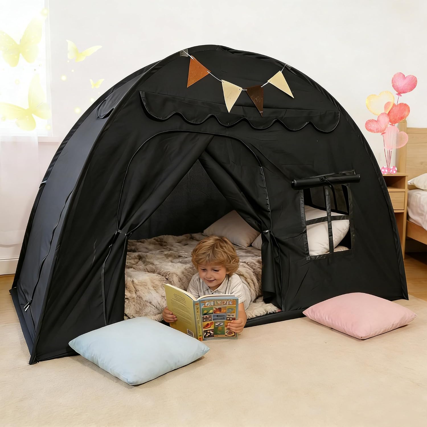 Twin Size Bed Tent for Kids, Indoor Kids Privacy Play Tent, Blackout Sleeping Bed Canopy, Portable & Foldable Floor Bed Tents, Black