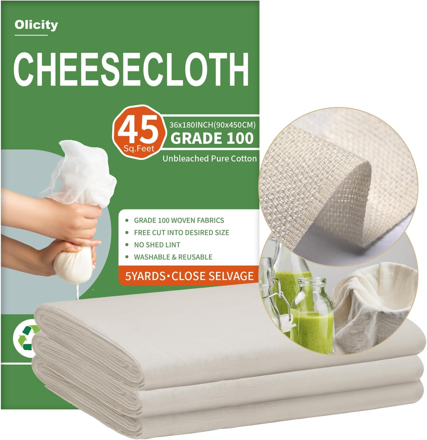 Olicity Cheese Cloths, Grade 100, 45 Sq Feet, Reusable Cheese Cloth with Closed Edges Fabric Fine Mesh Cloth, Unbleached Cotton Muslin Cheesecloth for Straining, Baking, Milk, Free Cutting - 5 Yards