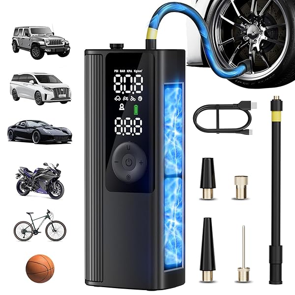 Anycash Tire Inflator Portable Air Compressor, Cordless Air Pump for Car Tires with Digital Pressure Gauge, 150 PSI Fast Tire Inflator for Car, Motorcycle, Bicycle - LED Light and Auto Shut-Off
