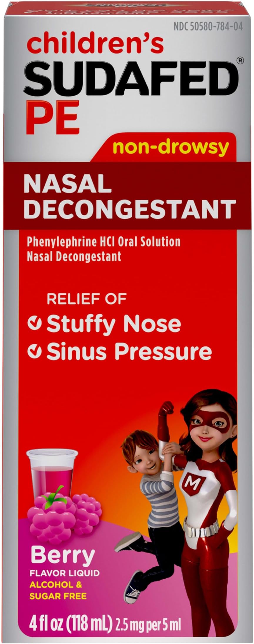 Children's PE Nasal Decongestant, Liquid Cold Relief Medicine with Phenylephrine HCl, Alcohol Free and Sugar-Free, Berry-Flavored, 4 fl. oz