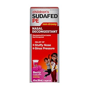 Sudafed Childrens PE Nasal Decongestant Liquid Cold Relief Medicine with Phenylephrine HCl Alcohol Free and Sugar-Free Berry-Flavored 4