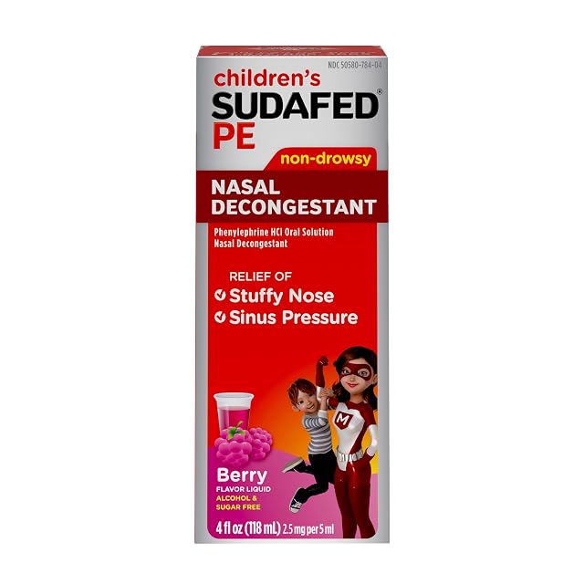 Sudafed Childrens PE Nasal Decongestant Liquid Cold Relief Medicine with Phenylephrine HCl Alcohol Free and Sugar-Free Berry-Flavored 4