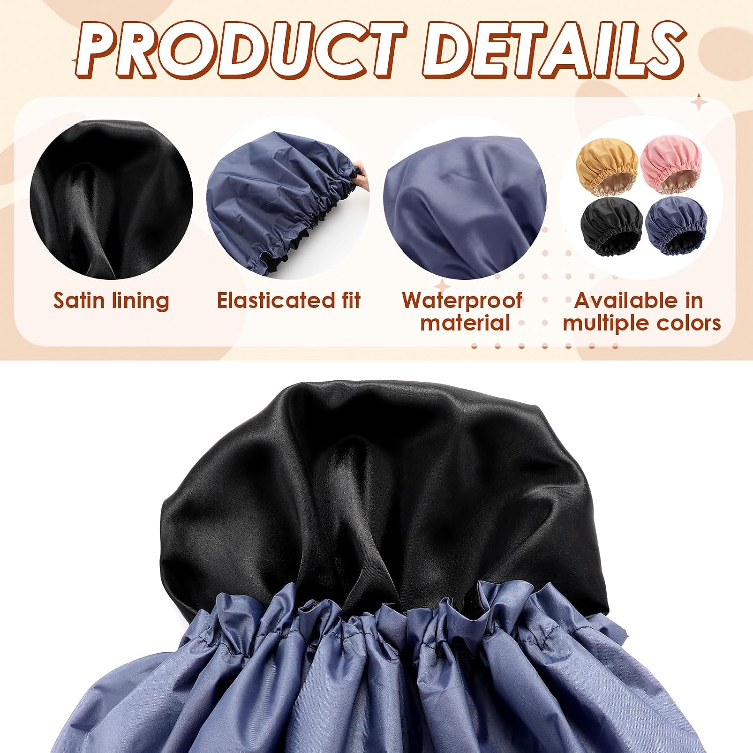 Janmercy 4 Pcs Shower Cap Satin Lined for Hair Protection Waterproof Reusable for Women Long Hair Bath Caps with Satin Interior