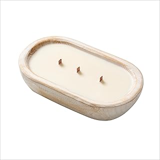 Woodronic Dough Bowl Candle, 3 Wick Candles Rustic House Decor, 20 Ounce Natural Soy Wax Candle in Wooden Bowls, Odor Eliminator & Non Toxic, Botanical Scented Gifts for Men & Women, Lavender, White