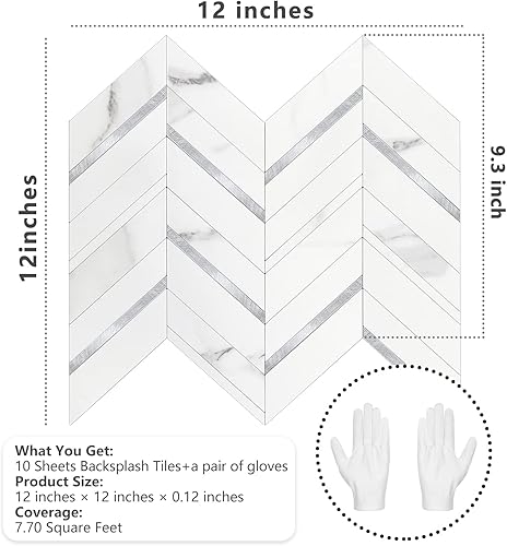 Vista 69 de STICKGOO Azulejos de espiga de 10 hojas para despegar y pegar, mármol Calacatta mezclado con PVC dorado claro en muro, azulejos de pared Calacatta