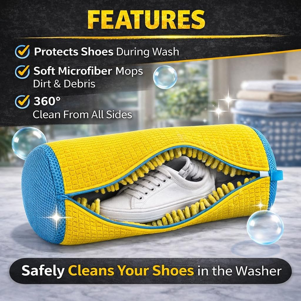 Shoe Washing Machine Bag 1pc – Laundry Shoe Bag for Washer and Dryer, Reusable Chenille Microfiber Sneaker Cleaning Bag, 360° Deep Clean, Fits All Shoe Types, Self-Locking Zipper