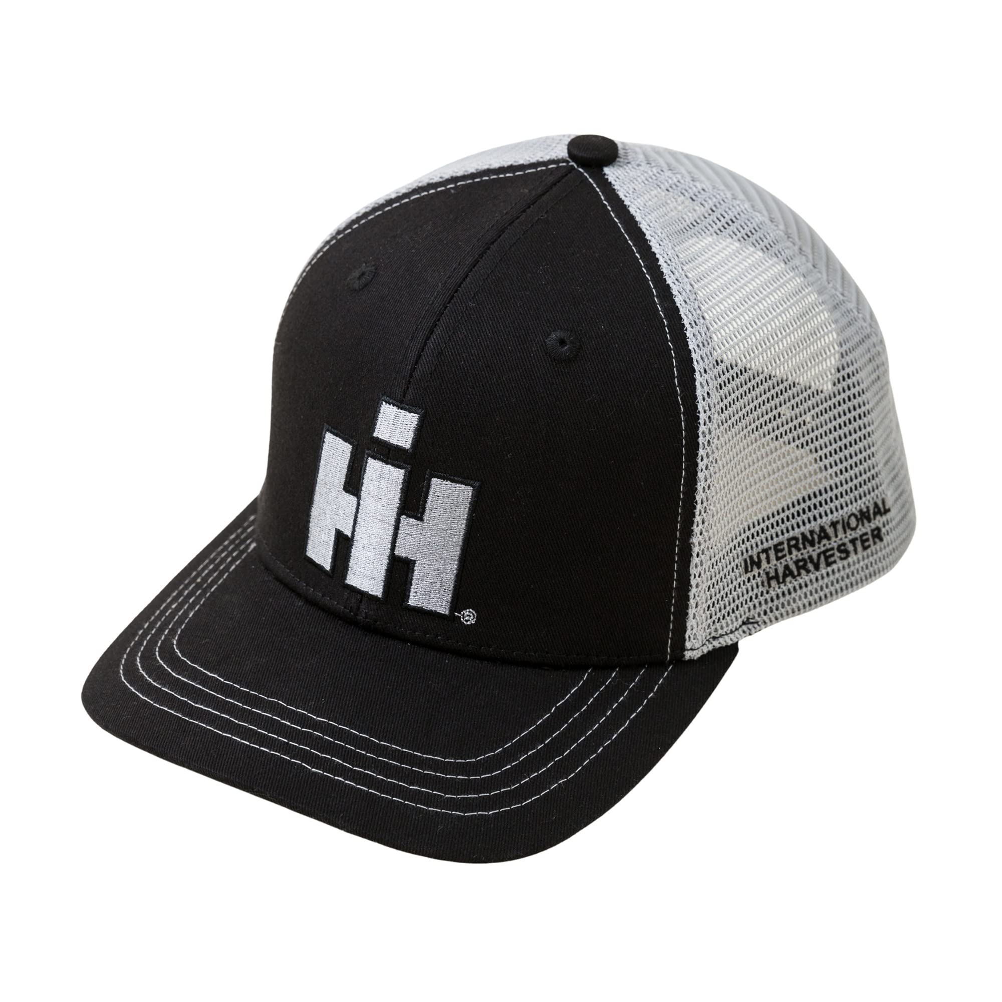 International Harvester Trucker Cap, IH Classic Black with Grey Embroidered Logo. Mesh Back, Officially Licensed, Black/Grey, One Size-X-Large