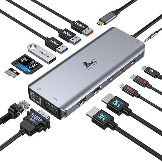 USB C Docking Station Dual Monitor for Laptop, LIONWEI 14-in-1 USB-C Hub with Triple Display, 2 HDMI + VGA, Ethernet, 6 USB A/C 3.0/2.0, PD, SD/TF, Audio, USB C Dock for Surface/HP/Dell/Lenovo/MacBook