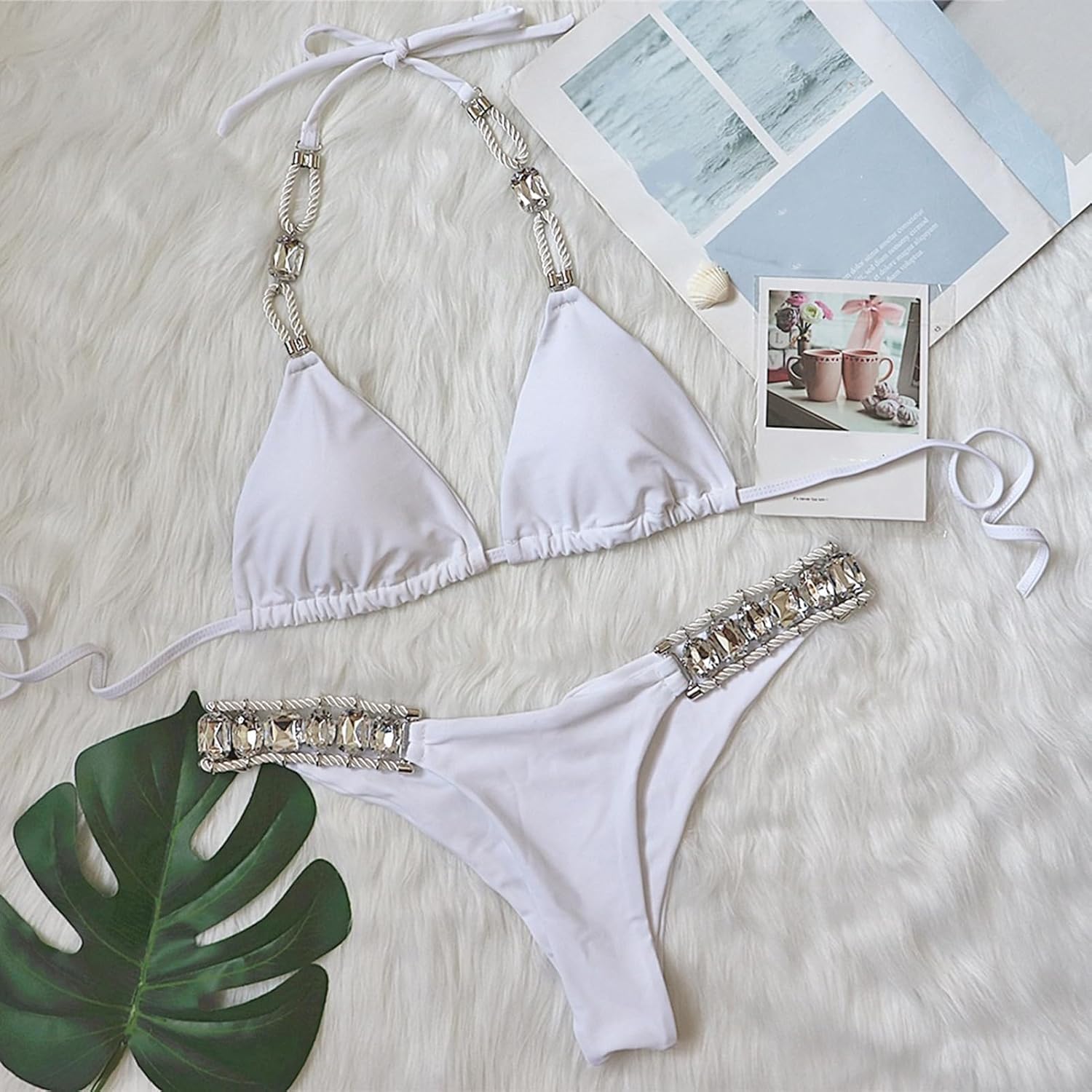 Lisa Colly レディース ラインストーン ビキニセット セクシー ツーピース ビキニ 水着 レースアップ 水着