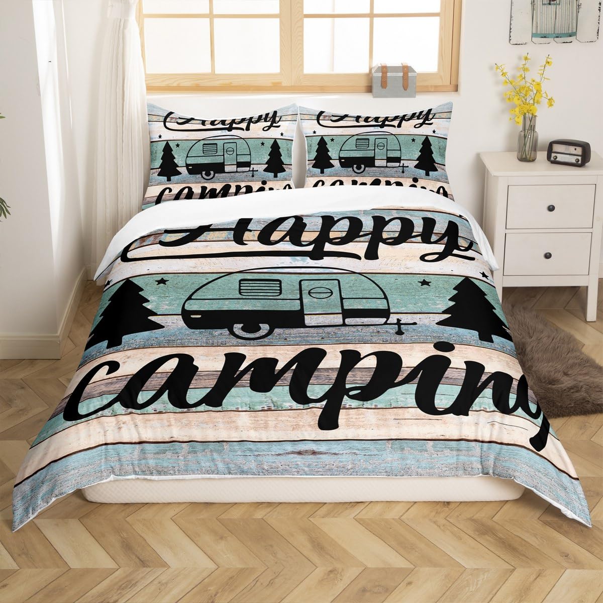 Camping Decor Duvet Cover Great Camping Bedding Set Teal Blue Wooden Plank Comforter Cover for Boys Girls Children Kids Teens Rustic Farmhouse Bedroom Decor RV Decor Bedspread Single - Image 2