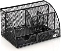 Vista 2 de Organizador de escritorio con cajón, clasificador de malla de alambre de escritorio con 6 compartimentos para bolígrafos, lápices y letras. Negro