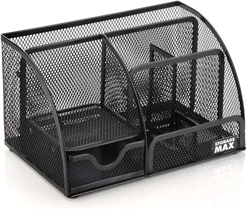 Miniatura 2 de Organizador de escritorio con cajón, clasificador de malla de alambre de escritorio con 6 compartimentos para bolígrafos, lápices y letras. Negro