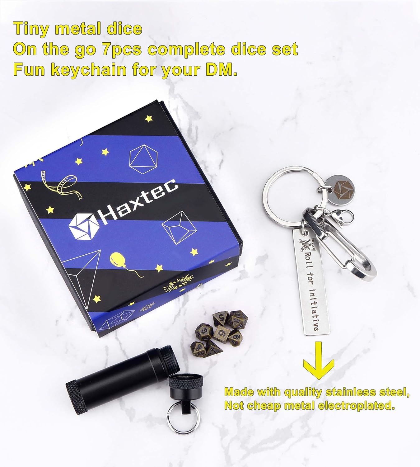 Haxtec Mini Dice Set Tiny Small Metal DND Dice Keychain Dice Case Compatible with Dungeons & Dragons Gift Stocking Stuffers