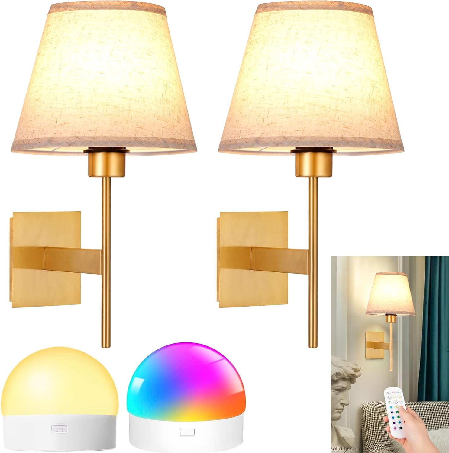 Gold Battery Operated Wall Sconces Set of Two, 7000mAh Rechargeable ...