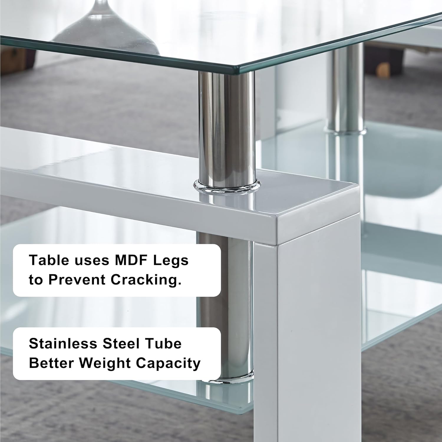 Rectangle White Glass Coffee Table,2-Tier Tempered Glass Modern Tea Table with Metal Support,Living Room Tables with Storage for Living Room/Small Space/Apartment