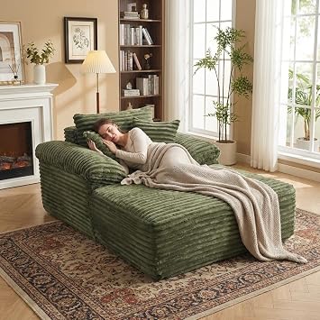 Corduroy Chaise Lounge Chair Indoor, Convertible Sofa Bed, Boneless Lounge Chair Oversized Sleeper Sofa, Cloud Couch Reading Chair for Living Room, No Assembly, Green