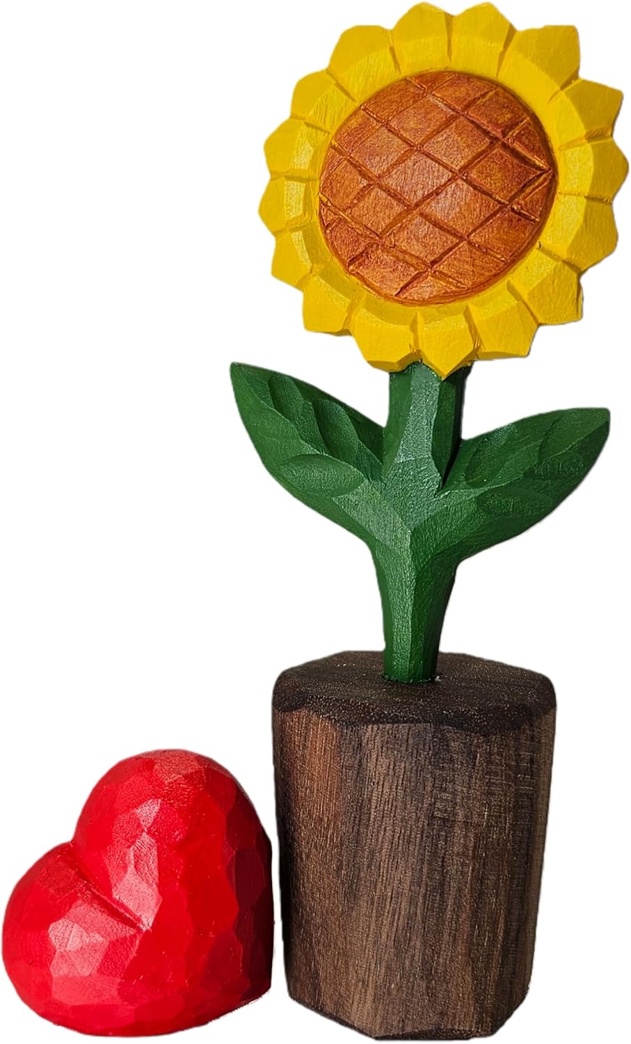 Hand-Carved Wooden Flower with Red Heart - Handcrafted Everlasting Wood Sculpture - 5th Anniversary, Valentine's Day, Birthday Gift for Her - Gift Box Included (Red Rose)